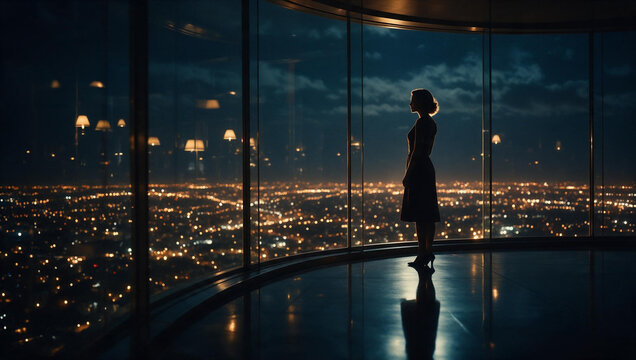 Silhouette of Businesswoman Looking at Cityscape from Skyscraper Window