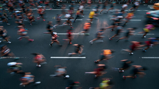 Marathon Runners in Motion Blur on City Street