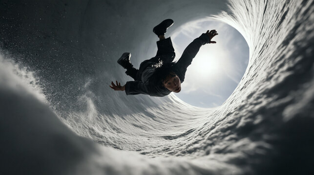 Man Falling Through Snowy Ice Tunnel in Freefall