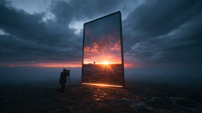 Photographer Facing Glowing Portal into Another Dimension at Twilight