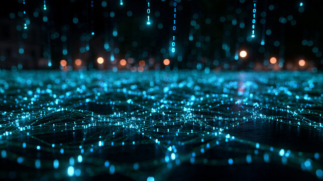 Digital Binary Code Rain Falling on Glowing Data Network