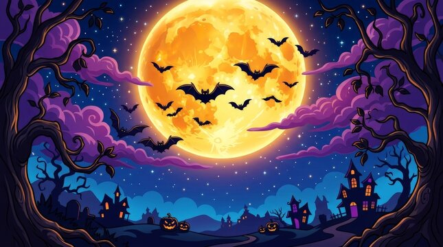 Halloween Illustration with Glowing Golden Full Moon and Cute Black Bats in Purple Night Sky