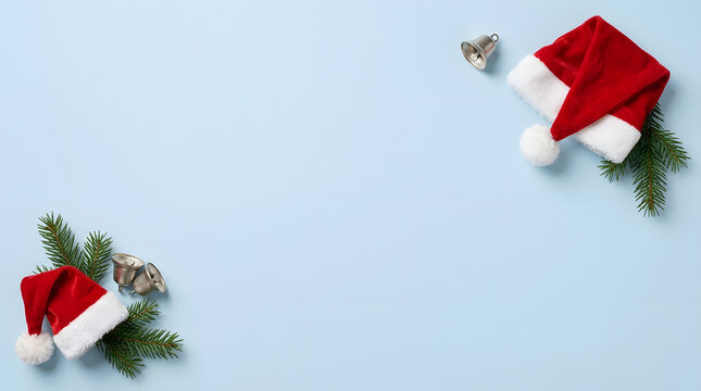 Festive christmas flat lay with santa hats pine branches and gift wrapping on blue background