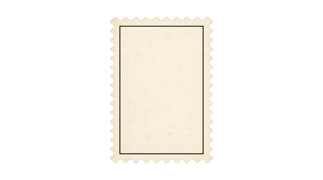 Blank vertical postage stamp, vintage cream stamp template with perforated edges and black border frame, empty portrait mail stamp, paper texture, on transparent background png photo