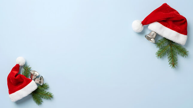 Festive christmas decorations with santa hats jingle bells and evergreen branches on blue background