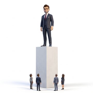 3D businessman mascot standing at the top of a high pillar above others