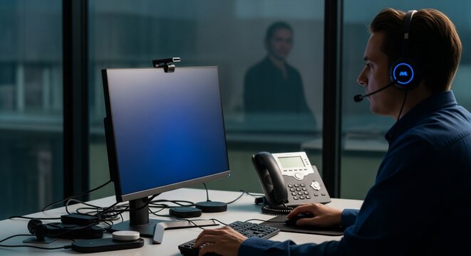 Man with headset working at a computer desk in a modern office