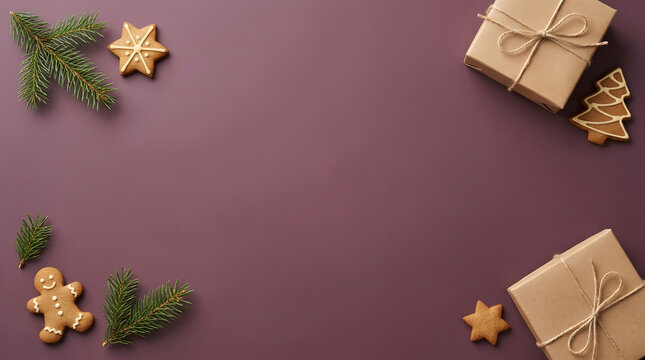 Festive holiday arrangement with gifts cookies and evergreen branches on a plum background