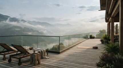 Fototapeta premium Wooden terrace with lounge chairs overlooking a misty mountain valley at early morning light