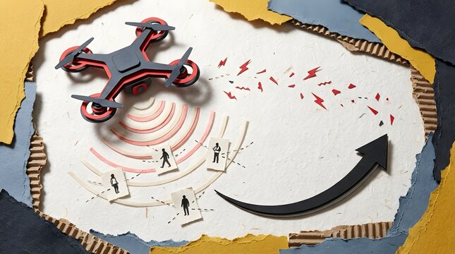 Surreal collage of quadcopter drone scanning people figures on torn paper background