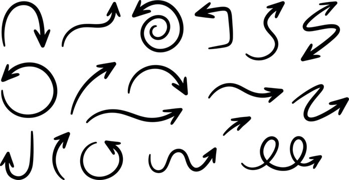 Collection of hand drawn black arrows in various shapes and directions isolated on white