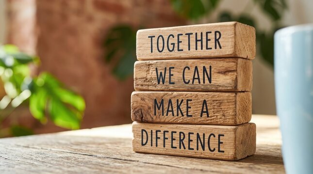 Wooden blocks stacked with inspirational message together we can make a difference