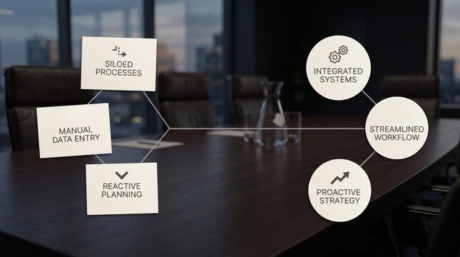 Diagram comparing siloed processes and manual data entry to integrated systems and streamlined workflow