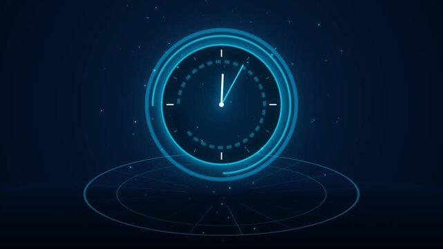 Neon Digital Clock Interface Animation With Glowing Particles On Dark Blue Futuristic Background