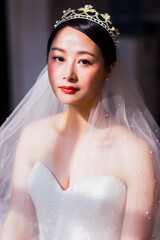Elegant East Asian Bride Portrait with Pearl Tiara and Beaded Veil, Romantic Wedding Shot © jeson