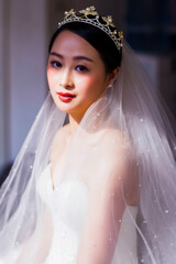 Elegant East Asian Bride Portrait with Pearl Tiara and Beaded Veil, Romantic Wedding Shot © jeson