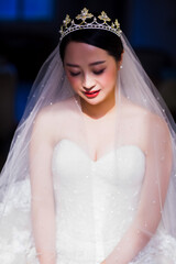 Elegant East Asian Bride Portrait with Pearl Tiara and Beaded Veil, Romantic Wedding Shot © jeson