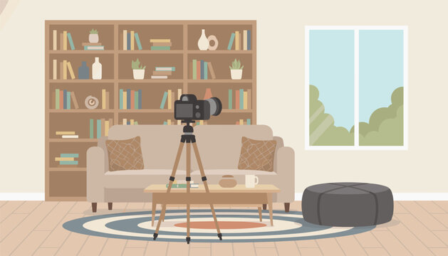 Cozy living room interior with sofa coffee table bookshelf camera on tripod and round patterned rug.