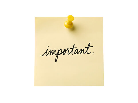 Yellow sticky note with the word important isolated on white isolated on transparent background