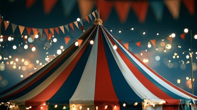 Colorful tents and string lights fill the night sky at a carnival. The vibrant decorations and bright atmosphere draw in crowds for fun activities and games.