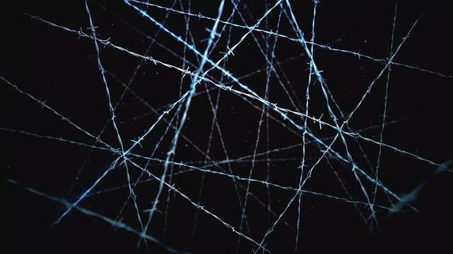 Abstract metallic barbed wire fence background with light lens flare reflections