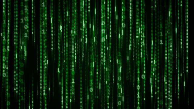 Green digital binary code falling down in vertical lines on a dark black computer screen background