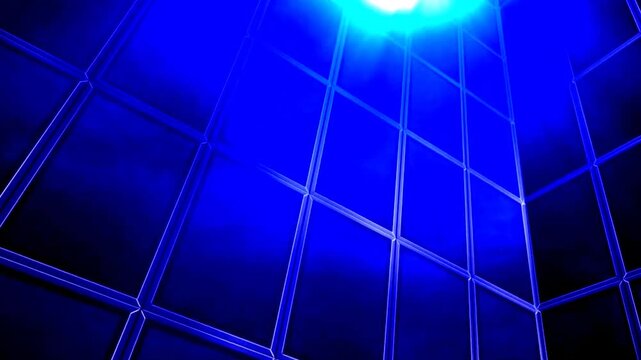 Blue 3D glass cube grid square wall with glowing top light motion background loop