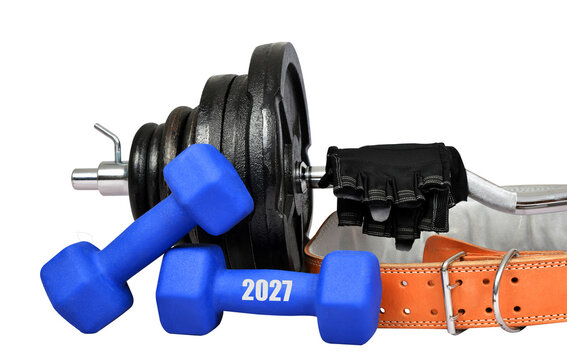 Dumbbells with belt isolated on a transparent PNG background. Resolutions for the New Year 2027.