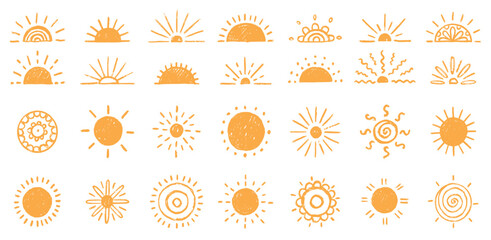 Obraz na płótnie Canvas Sun icons. Sunrise or sunset, half of summer. Doodle sunshine ray, morning shine rise. Happy smile heat. Logotype hand drawn isolated elements, decorative minimal vector sketch style symbol