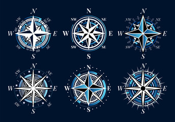 Obraz na płótnie Canvas Compass rose icons set. Nautical navigation symbols with cardinal directions, circular scales, orientation, cartography, travel routing, maritime map design elements. Vector illustration