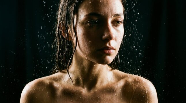 Young woman with wet hair and skin, looking down with a thoughtful expression under falling water droplets on a dark background