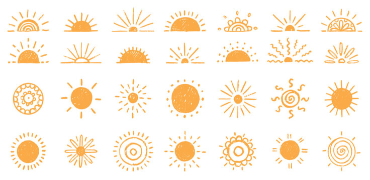 Sun icons. Sunrise or sunset, half of summer. Doodle sunshine ray, morning shine rise. Happy smile heat. Logotype hand drawn isolated elements, decorative minimal vector sketch style symbol