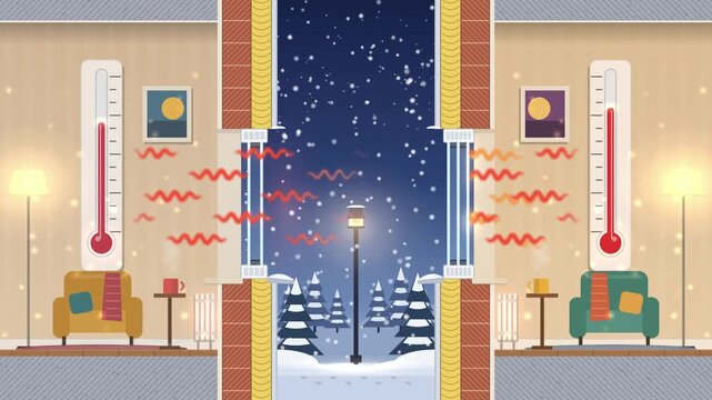 Double vs triple glazing cross section, heat escapes through double glass, triple pane keeps room warm, 4K animation