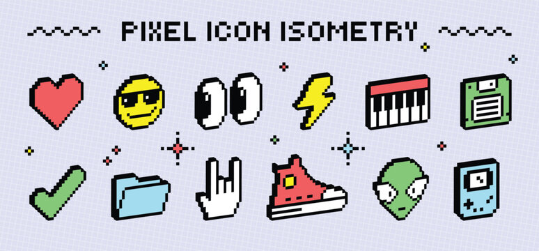 pixel cute isometry icons. Game emoji. 3d digital art isolated cool arrow sticker, 90s computer desktop. Y2K bit badge, digital interface graphics, sneaker, alien and heart. Vector design