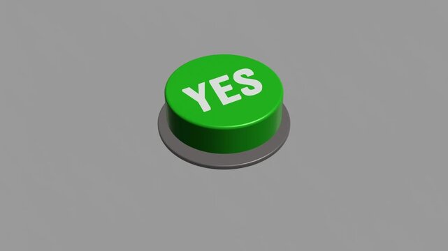 3D green yes button sliding and pressing animation on white background.