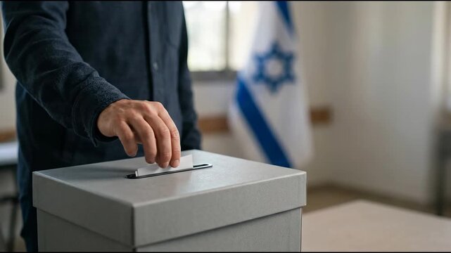 Person casting a ballot into a grey election box with the flag of Israel visible in the background, symbolizing democratic participation and national elections.