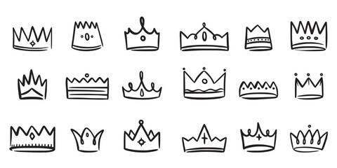 Obraz na płótnie Canvas Crown icon. Doodle jewel sketch, yellow graffiti elements or modern success accessory. Royal queen silhouette. Different shapes and ornaments for logotype. Vector isolated illustration