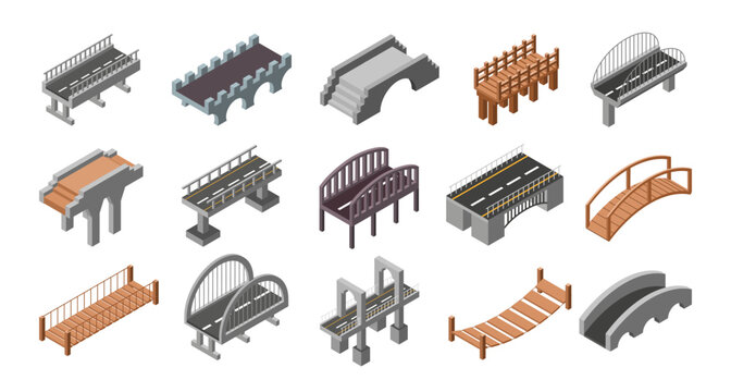 Isometric bridge set. Road and pedestrian bridges design in concrete and wood, transport infrastructure elements, construction and architectural object vector cartoon isolated illustration