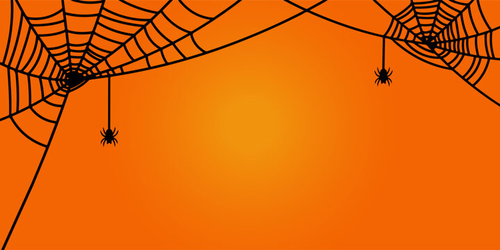 Spooky Halloween spider web vector background with hanging spiders on orange gradient backdrop. Ideal for trick or treat party invitation, spooky poster, banner layout, and holiday graphic design.
