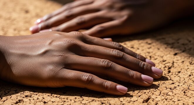 Close-up of hands resting on cracked dry earth in dramatic light
