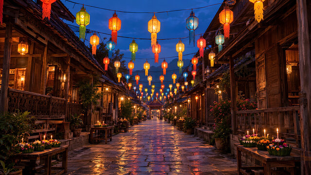 Ancient Wooden Village Street Decorated with Hanging Colorful Paper Lanna Lanterns and Floating Krathongs on Tables at Night