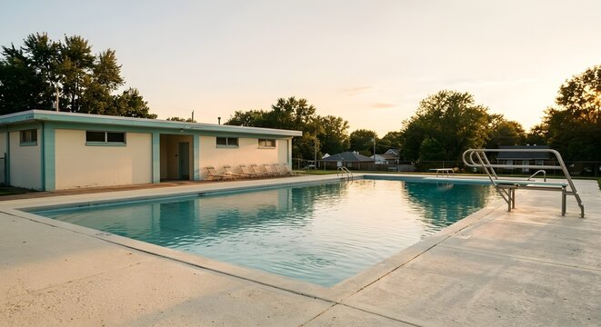 Vintage American community swimming pool during warm summer golden hour sunset