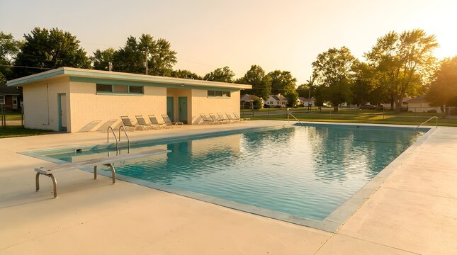 Retro community swimming pool at golden hour for commercial photography use