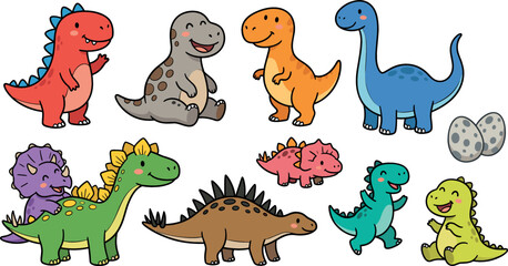 Cute Cartoon Dinosaur Character Vector Set Featuring Tyrannosaurus Rex, Brachiosaurus, Triceratops, Stegosaurus, and Eggs for Kids Education Graphic Designs © ROJINA