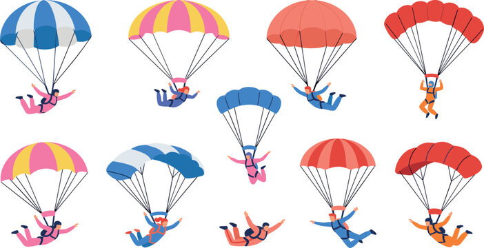 Skydiving and Parachuting Character Icon Set with Diverse Skydivers in Free Fall and Parachute Gliding for Extreme Sports Graphic Designs