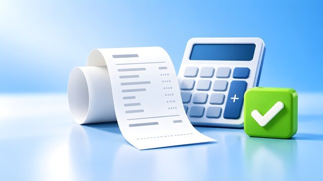 Long paper receipt beside calculator and green checkmark, representing successful accounting audit, financial tax compliance, and budget payment confirmation, blue background 3d render.
