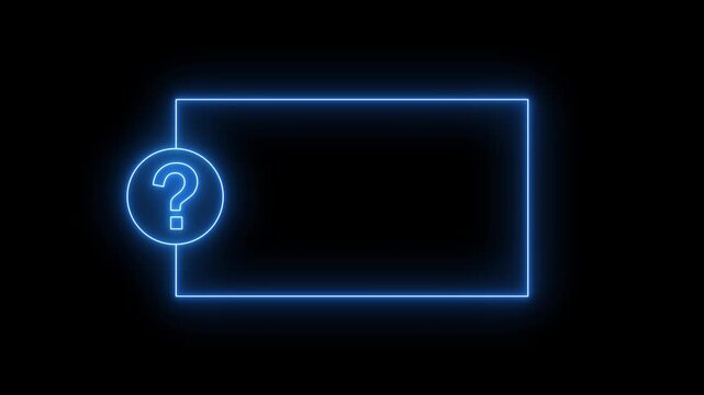 Question mark neon sign light on black background. Quiz trivia game competition. blue neon question mark frame for quizzes and FAQs.