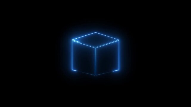 Neon cube frame. square magenta grid with magical glow 3d render in dark space.4k video