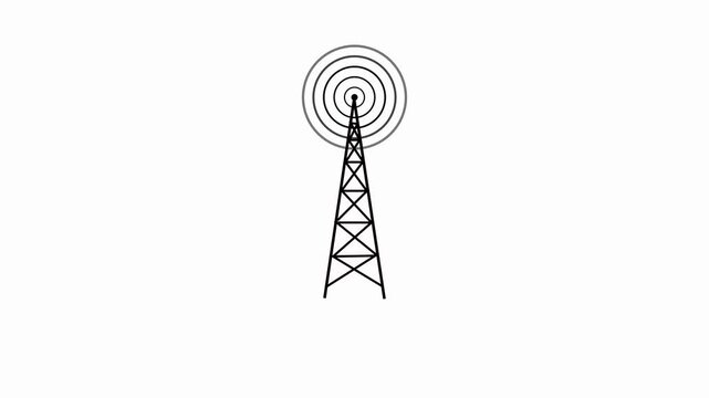 telecommunications signal transmitter. Vector illustration icon of a radio tower silhouette. Telecommunications and broadcasting industry concept icon. white background.4k video