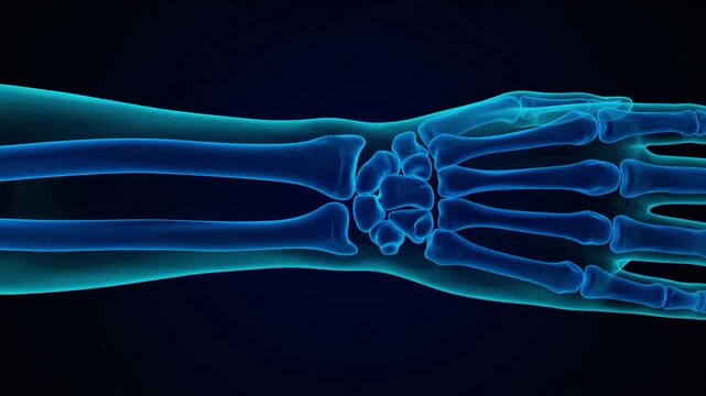 Medical 3D animation showing inflammation and pain in the human wrist joint with blue anatomical background